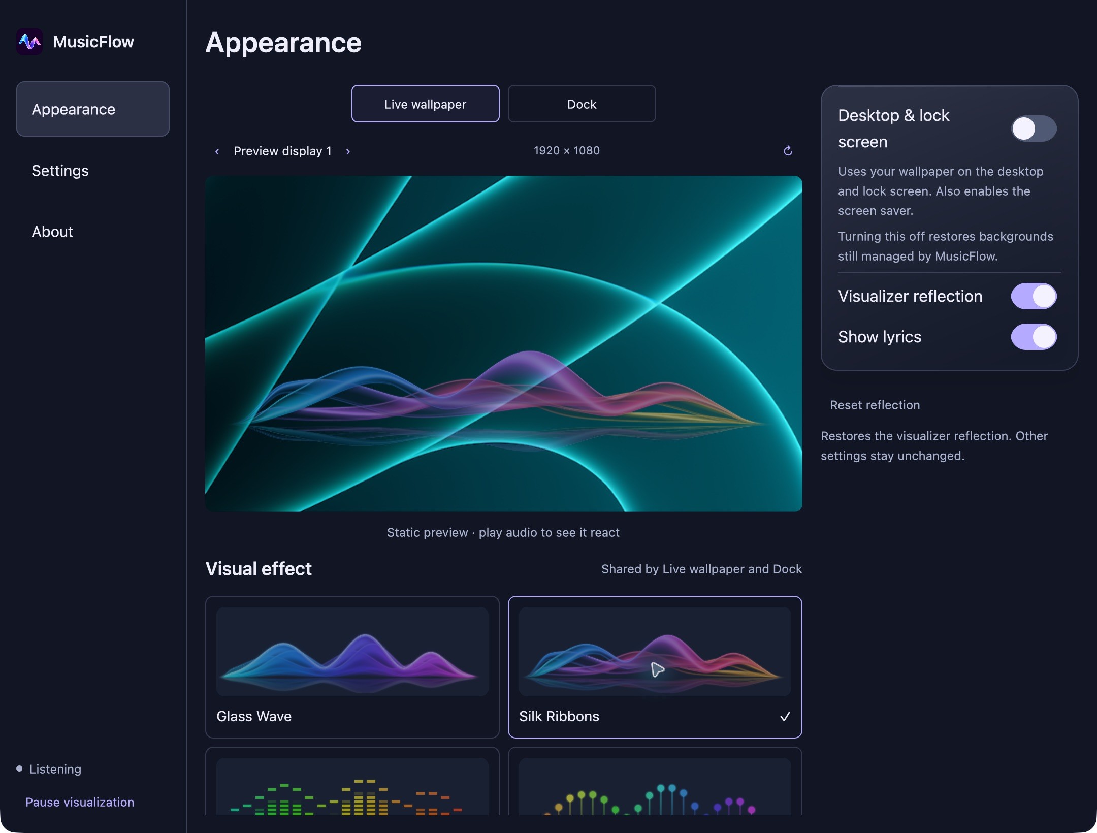 MusicFlow's Mac Appearance window, showing Silk Ribbons and its reflection in the Live wallpaper preview.